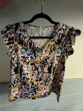 Floral Abstract Print Ruffle Sleeve V-Neck Blouse - Pink Multi